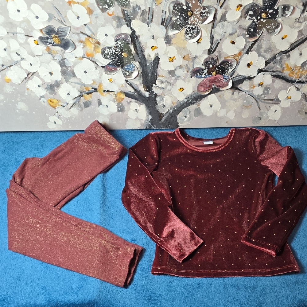Old Navy Kids Sparkly Velvet Top G Gold Glitter Panta Set in Burgundy 5T